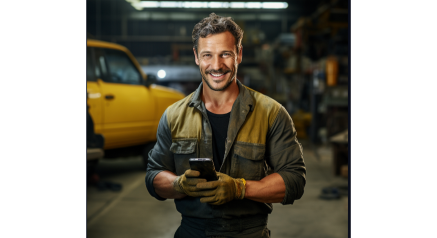 A mechanic in the workshop using his phone with Enabley AI companion